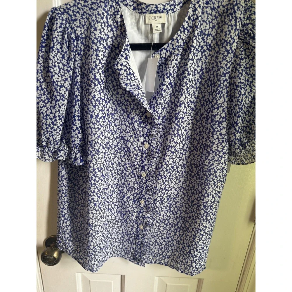J.Crew Womens Blue White Floral Puff Sleeve Button Down Blouse  Size M NEW